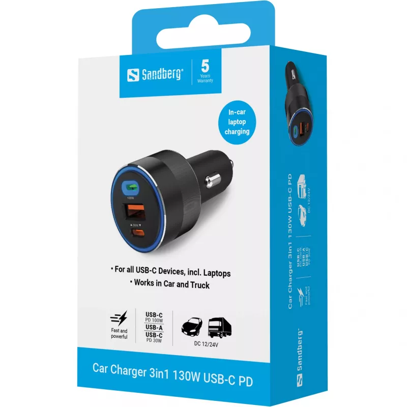 Carregador de automóvel Sandberg 3in1 130W USB-C PD carregador rápido universal