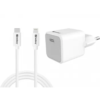 Carregador AC Sandberg 20W USB-C + Lightning 1M carregamento rápido branco