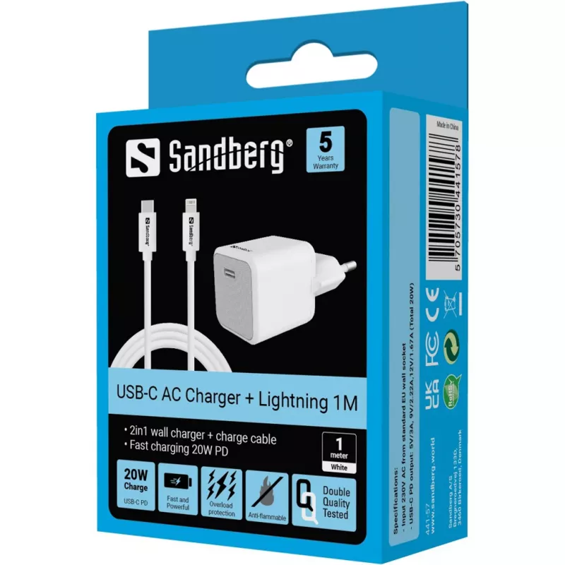 Carregador AC Sandberg 20W USB-C + Lightning 1M carregamento rápido branco
