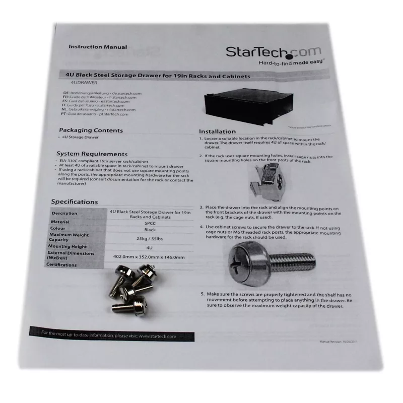 Gaveta de armazenamento StarTech.com 4U preta em aço para racks e armários de 19in