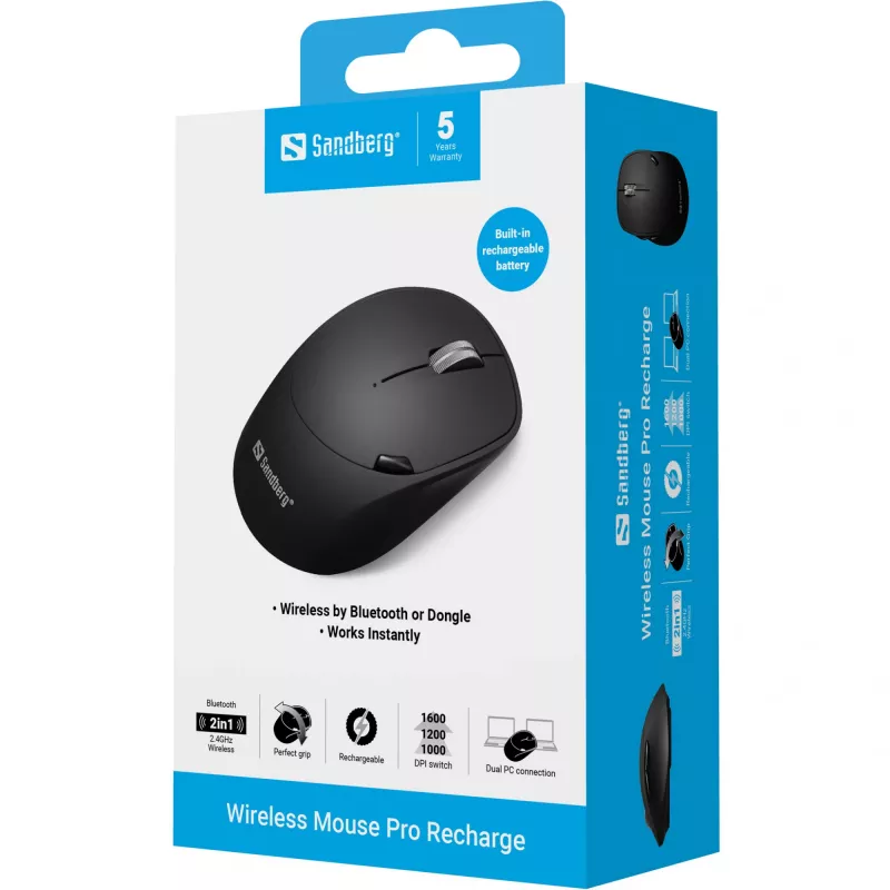 Rato sem fios Sandberg Wireless Mouse Pro Recharge RF Wireless + Bluetooth