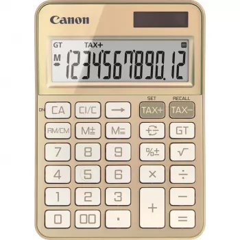 Calculadora de secretária Canon KS-125KB com ecrã de 12 dígitos, funções fiscais, pilha/solar, dourado