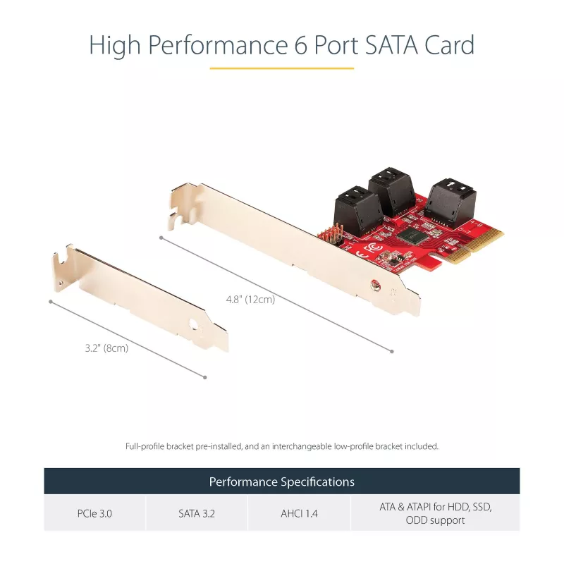 Placa SATA PCIe StarTech.com – Placa de expansão PCIe SATA de 6 portas – 6 Gbit/s – Perfil baixo/alto – Conectores SATA empilhados – ASM1166 Non-RAID – Conversor PCI Express para SATA