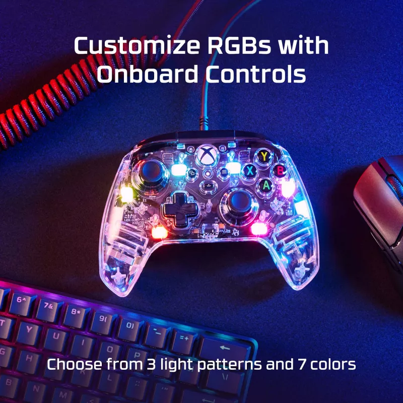 HyperX Clutch Gladiate – comando gaming RGB com fios – Xbox, gamepad, Xbox One, Xbox Series X, com fios, USB, USB Type-A, USB Type-C, transparente