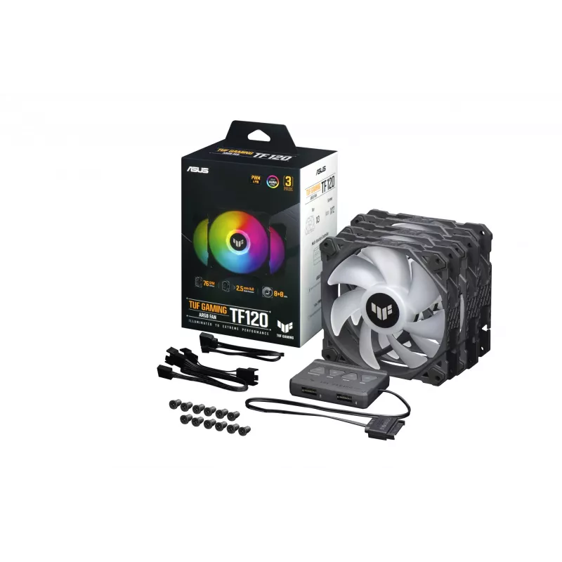 Ventoinha ASUS TUF Gaming TF120 ARGB - kit de três com controlador ARGB caixa de computador dissipador de ar 12 cm preta