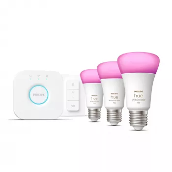Kit de iluminação inteligente Philips Hue White and Colour Ambience Starterkit – 3 lâmpadas E27 11W, Bluetooth/Zigbee, dimmer