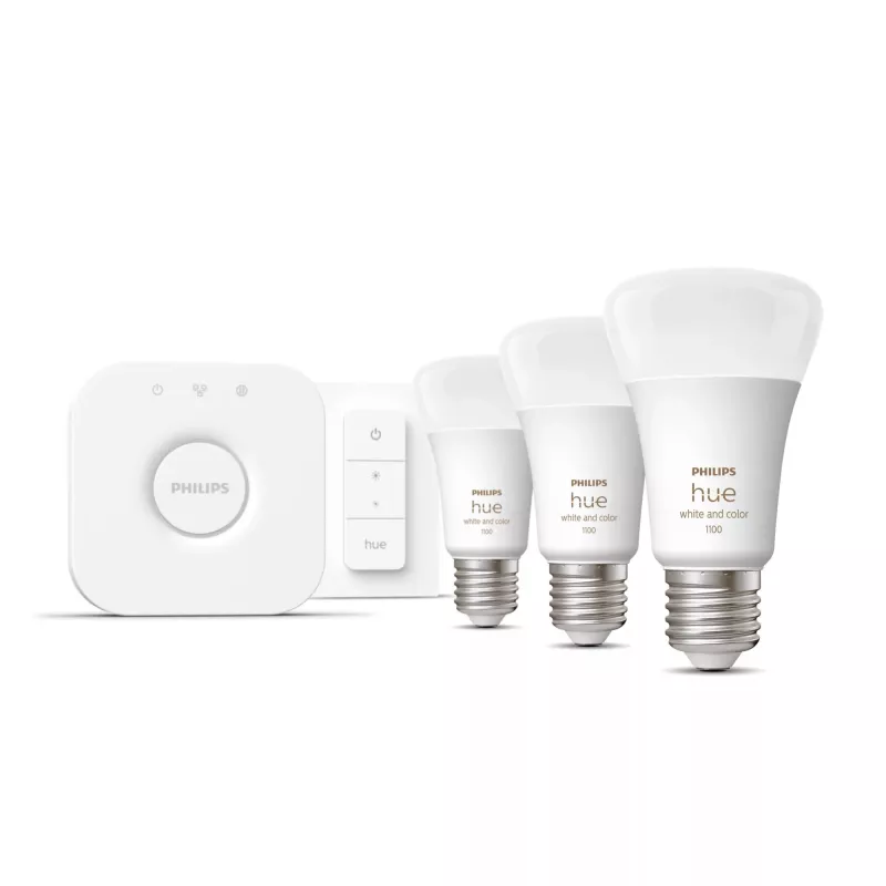 Kit de iluminação inteligente Philips Hue White and Colour Ambience Starterkit – 3 lâmpadas E27 11W, Bluetooth/Zigbee, dimmer