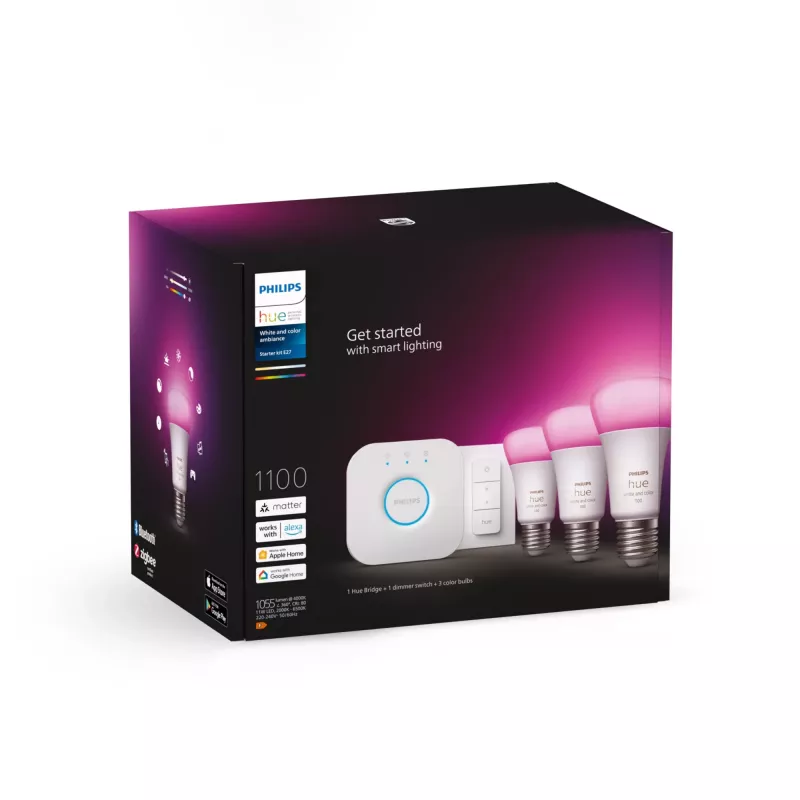 Kit de iluminação inteligente Philips Hue White and Colour Ambience Starterkit – 3 lâmpadas E27 11W, Bluetooth/Zigbee, dimmer