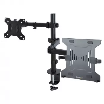 Suporte de monitor StarTech.com com suporte VESA para portátil, para um portátil (4,5 kg/9,9 lb) e um único ecrã até 32 polegadas (8 kg/17,6 lb), preto, prateleira ventilada, suporte de braço ajustável para portátil, montagem com grampo C/furo na mesa
