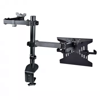 Suporte de monitor StarTech.com com suporte VESA para portátil, para um portátil (4,5 kg/9,9 lb) e um único ecrã até 32 polegadas (8 kg/17,6 lb), preto, prateleira ventilada, suporte de braço ajustável para portátil, montagem com grampo C/furo na mesa