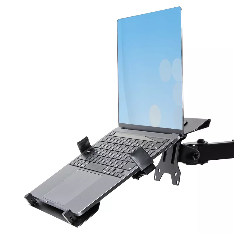 StarTech.com A2-LAPTOP-DESK-MOUNT braço de monitor ajustável com tabuleiro VESA para portátil, para portátil até 4,5 kg (9,9 lb) e um único ecrã, montagem com grampo em C ou passa-cabos, aço/plástico, preto