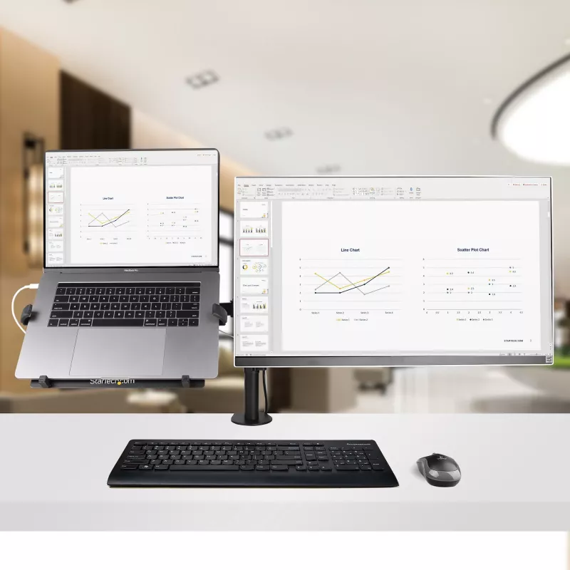 StarTech.com A2-LAPTOP-DESK-MOUNT braço de monitor ajustável com tabuleiro VESA para portátil, para portátil até 4,5 kg (9,9 lb) e um único ecrã, montagem com grampo em C ou passa-cabos, aço/plástico, preto