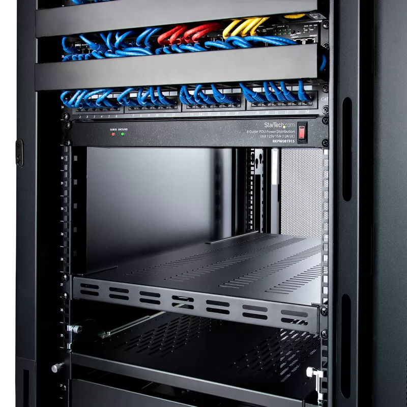 StarTech.com ADJSHELFHDV prateleira 1U ajustável ventilada para rack de servidor, para cargas pesadas, 150 kg, profundidade de montagem ajustável 49,5–97,4 cm (19,5–38 polegadas), 19 polegadas, preta