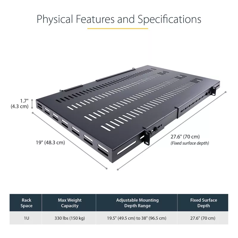 StarTech.com ADJSHELFHDV prateleira 1U ajustável ventilada para rack de servidor, para cargas pesadas, 150 kg, profundidade de montagem ajustável 49,5–97,4 cm (19,5–38 polegadas), 19 polegadas, preta