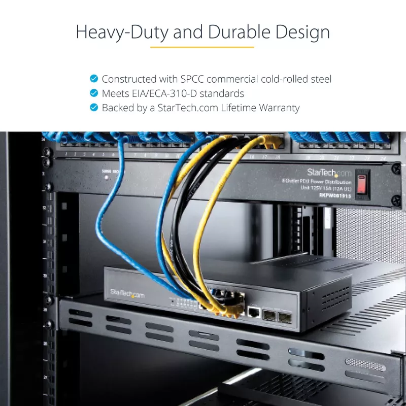 StarTech.com ADJSHELFHDV prateleira 1U ajustável ventilada para rack de servidor, para cargas pesadas, 150 kg, profundidade de montagem ajustável 49,5–97,4 cm (19,5–38 polegadas), 19 polegadas, preta