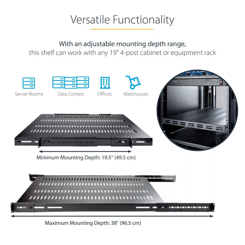 StarTech.com ADJSHELFHDV prateleira 1U ajustável ventilada para rack de servidor, para cargas pesadas, 150 kg, profundidade de montagem ajustável 49,5–97,4 cm (19,5–38 polegadas), 19 polegadas, preta