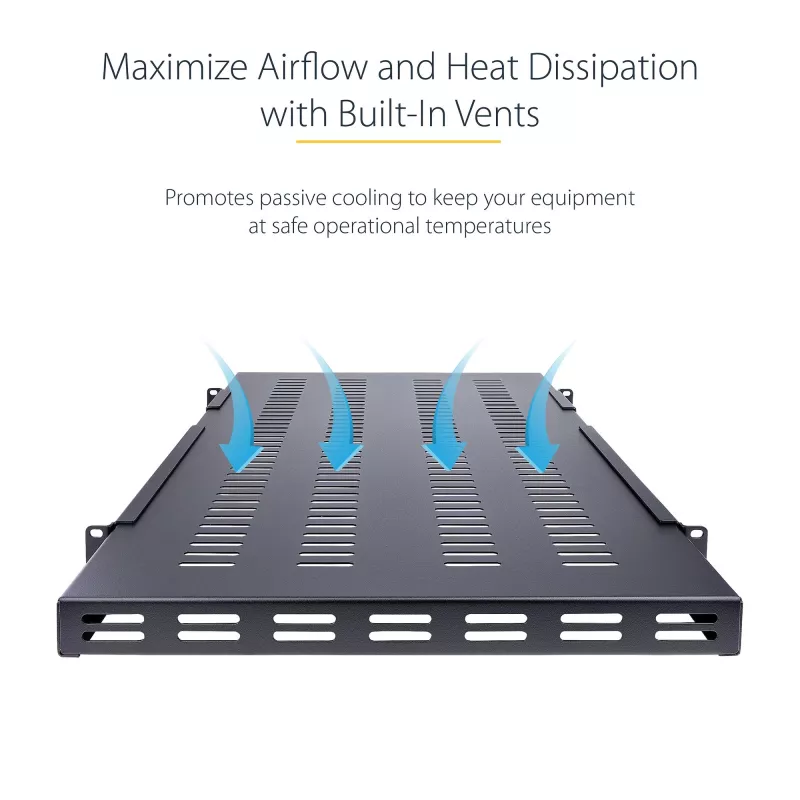 StarTech.com ADJSHELFHDV prateleira 1U ajustável ventilada para rack de servidor, para cargas pesadas, 150 kg, profundidade de montagem ajustável 49,5–97,4 cm (19,5–38 polegadas), 19 polegadas, preta