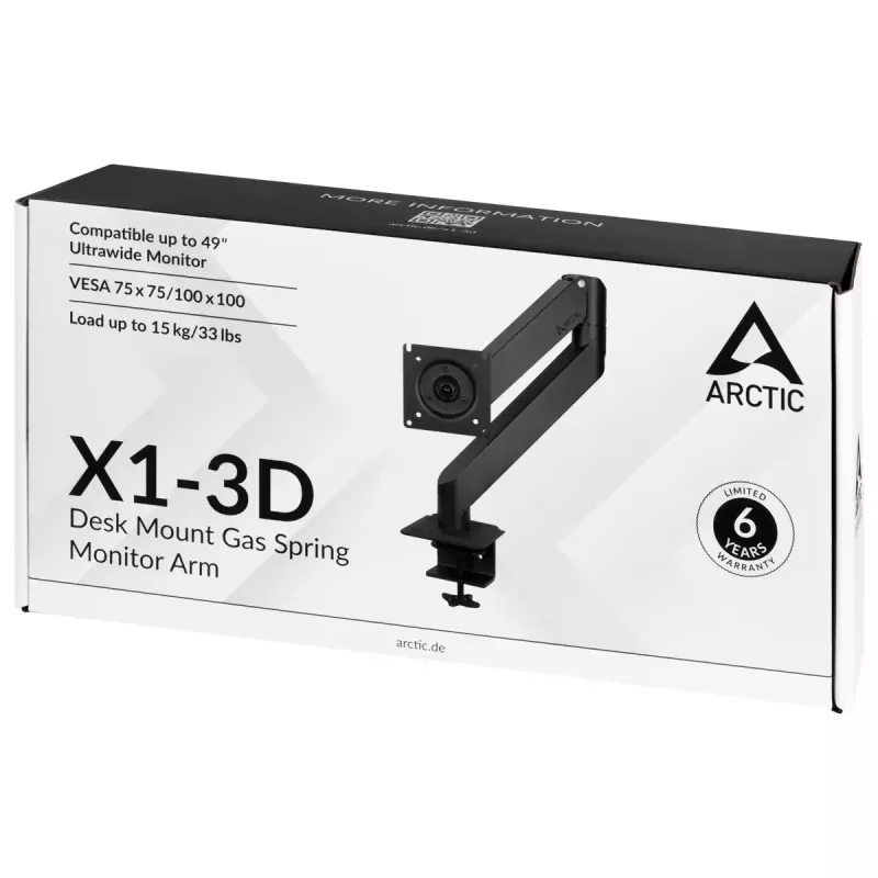 Suporte de secretária com mola a gás para monitor Arctic X1-3D — para ecrãs até 43 polegadas / 10 kg, VESA 75x75–100x100, preto