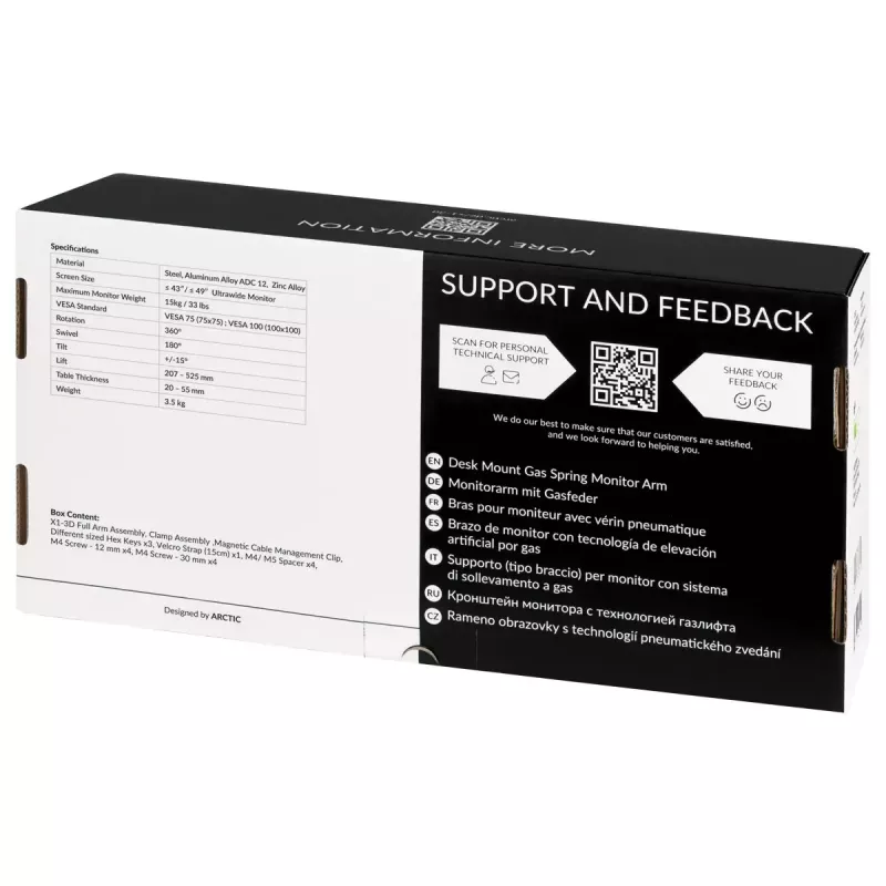 Suporte de secretária com mola a gás para monitor Arctic X1-3D — para ecrãs até 43 polegadas / 10 kg, VESA 75x75–100x100, preto