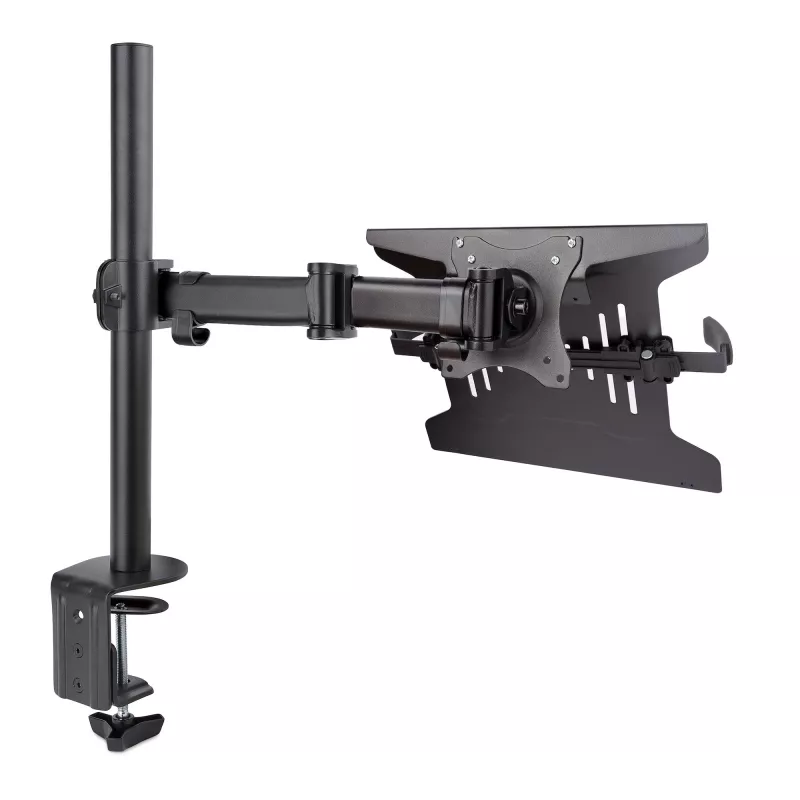 StarTech.com A-LAPTOP-DESK-MOUNT suporte de secretária para monitor e portátil, para ecrãs até 34 polegadas (8 kg / 17,6 lb) e portáteis (4,5 kg / 9,9 lb), braço articulado com tabuleiro VESA para portátil, montagem com grampo