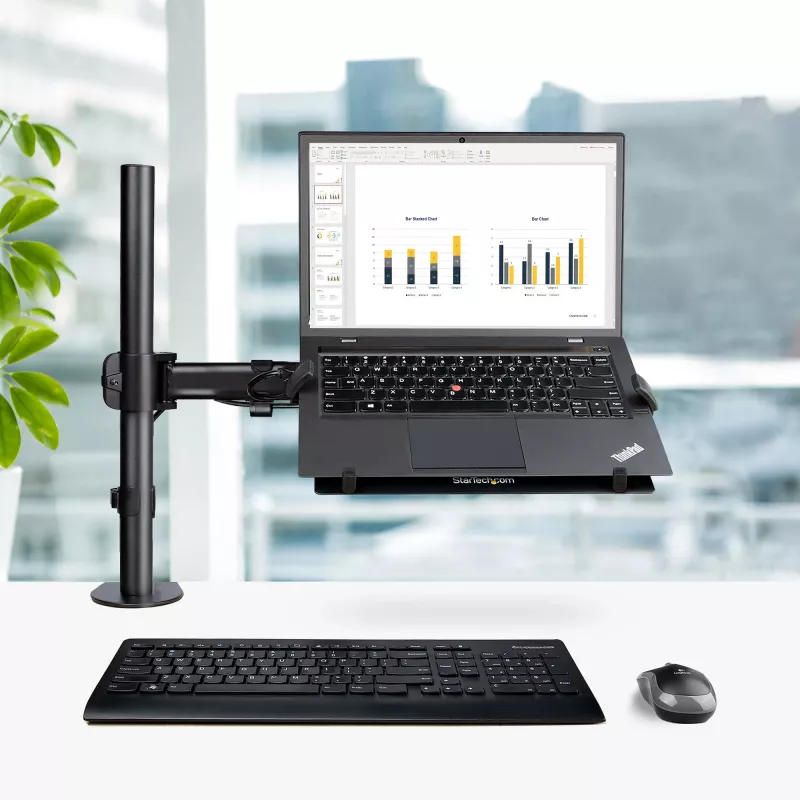 StarTech.com A-LAPTOP-DESK-MOUNT suporte de secretária para monitor e portátil, para ecrãs até 34 polegadas (8 kg / 17,6 lb) e portáteis (4,5 kg / 9,9 lb), braço articulado com tabuleiro VESA para portátil, montagem com grampo
