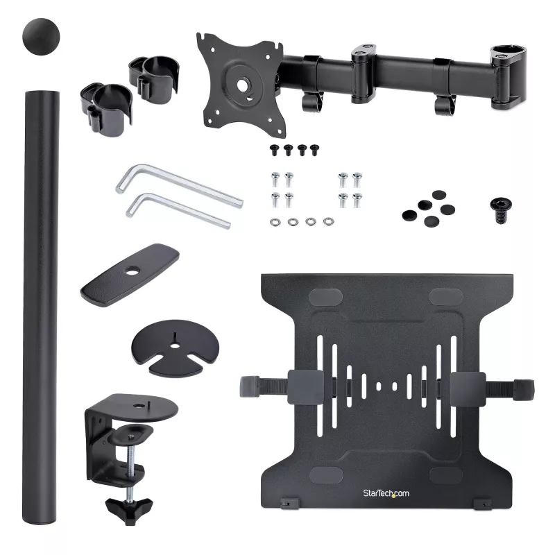StarTech.com A-LAPTOP-DESK-MOUNT suporte de secretária para monitor e portátil, para ecrãs até 34 polegadas (8 kg / 17,6 lb) e portáteis (4,5 kg / 9,9 lb), braço articulado com tabuleiro VESA para portátil, montagem com grampo