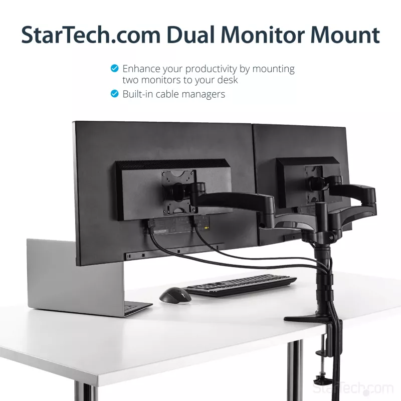 Suporte de secretária StarTech.com para dois monitores - ajustável, braçadeira, 13,6 kg, 30,5 cm (12 polegadas), 61 cm (24 polegadas), 100 x 100 mm, preto