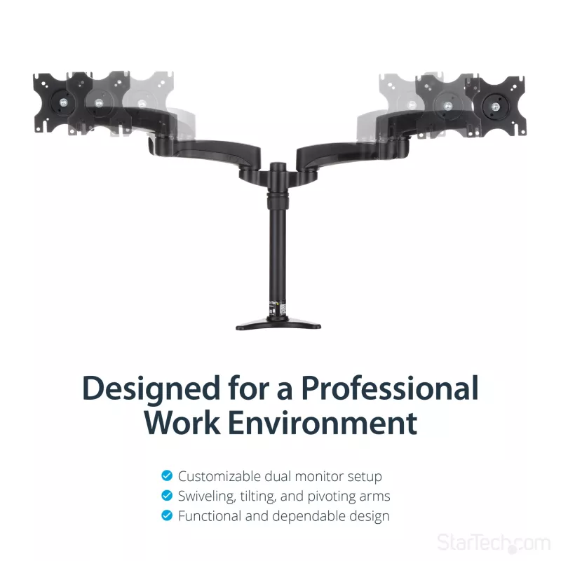 Suporte de secretária StarTech.com para dois monitores - ajustável, braçadeira, 13,6 kg, 30,5 cm (12 polegadas), 61 cm (24 polegadas), 100 x 100 mm, preto