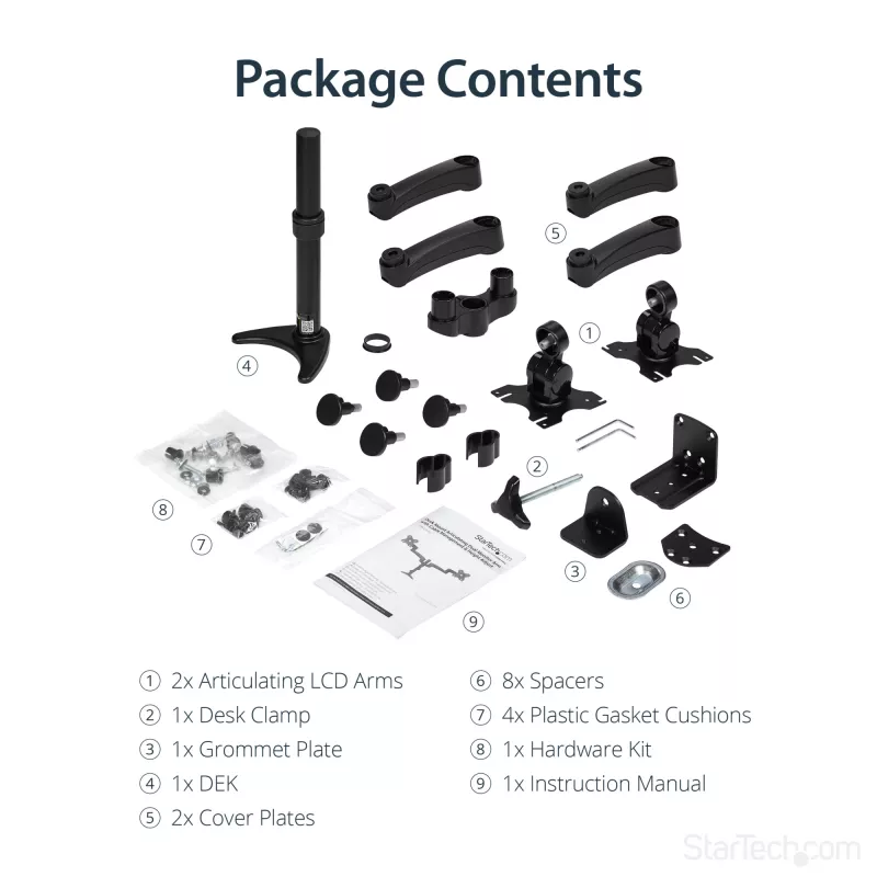 Suporte de secretária StarTech.com para dois monitores - ajustável, braçadeira, 13,6 kg, 30,5 cm (12 polegadas), 61 cm (24 polegadas), 100 x 100 mm, preto