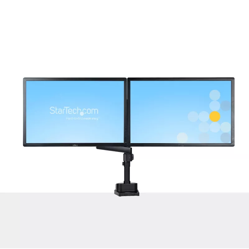 Braço StarTech.com para dois monitores com montagem na secretária, suporte de monitor totalmente articulado para 2 ecrãs VESA até 32 polegadas (8 kg), altura ajustável, braçadeira/passagem de secretária, mola mecânica