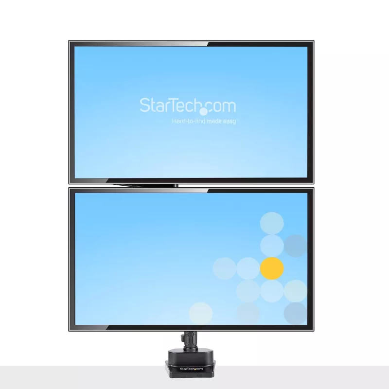 Braço StarTech.com para dois monitores com montagem na secretária, suporte de monitor totalmente articulado para 2 ecrãs VESA até 32 polegadas (8 kg), altura ajustável, braçadeira/passagem de secretária, mola mecânica