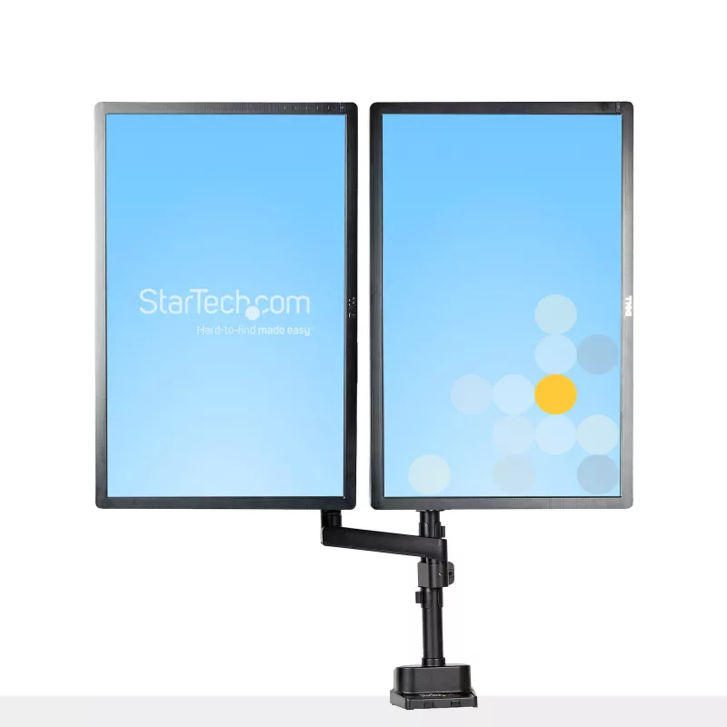 Braço StarTech.com para dois monitores com montagem na secretária, suporte de monitor totalmente articulado para 2 ecrãs VESA até 32 polegadas (8 kg), altura ajustável, braçadeira/passagem de secretária, mola mecânica