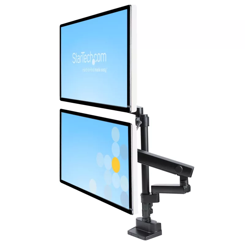 Braço StarTech.com para dois monitores com montagem na secretária, suporte de monitor totalmente articulado para 2 ecrãs VESA até 32 polegadas (8 kg), altura ajustável, braçadeira/passagem de secretária, mola mecânica
