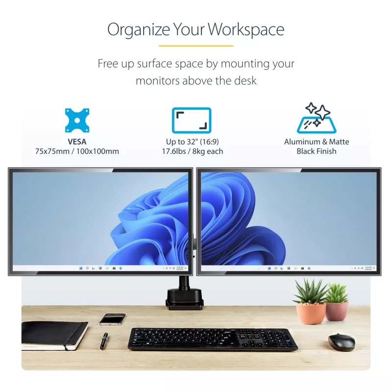 Braço StarTech.com para dois monitores com montagem na secretária, suporte de monitor totalmente articulado para 2 ecrãs VESA até 32 polegadas (8 kg), altura ajustável, braçadeira/passagem de secretária, mola mecânica