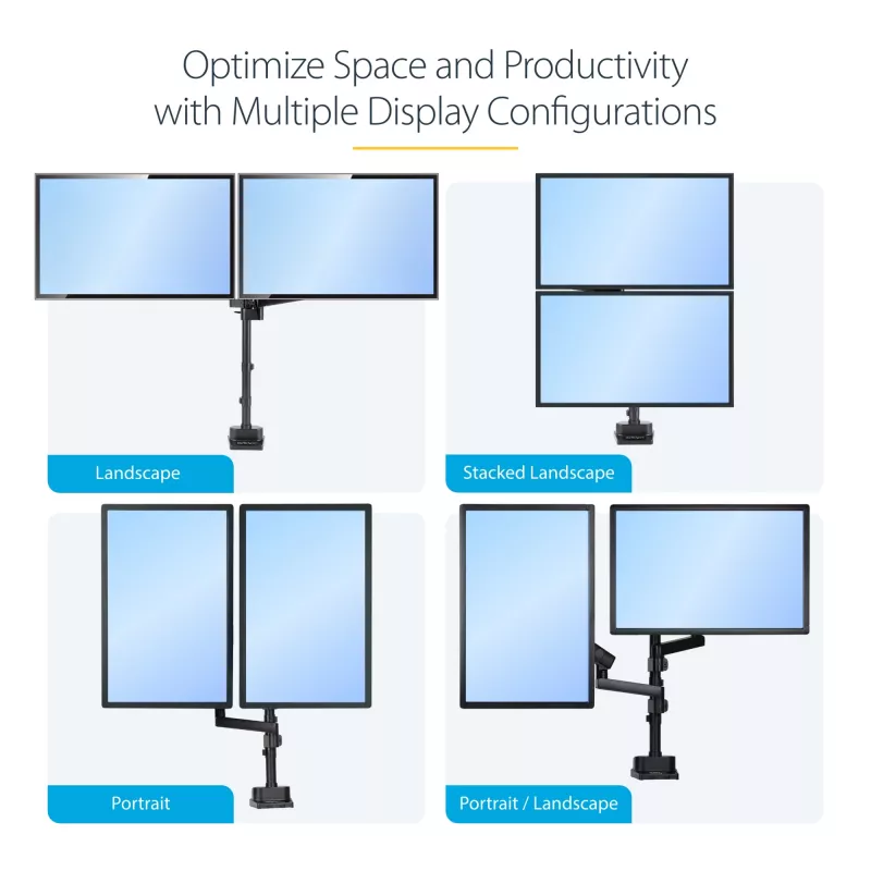 Braço StarTech.com para dois monitores com montagem na secretária, suporte de monitor totalmente articulado para 2 ecrãs VESA até 32 polegadas (8 kg), altura ajustável, braçadeira/passagem de secretária, mola mecânica