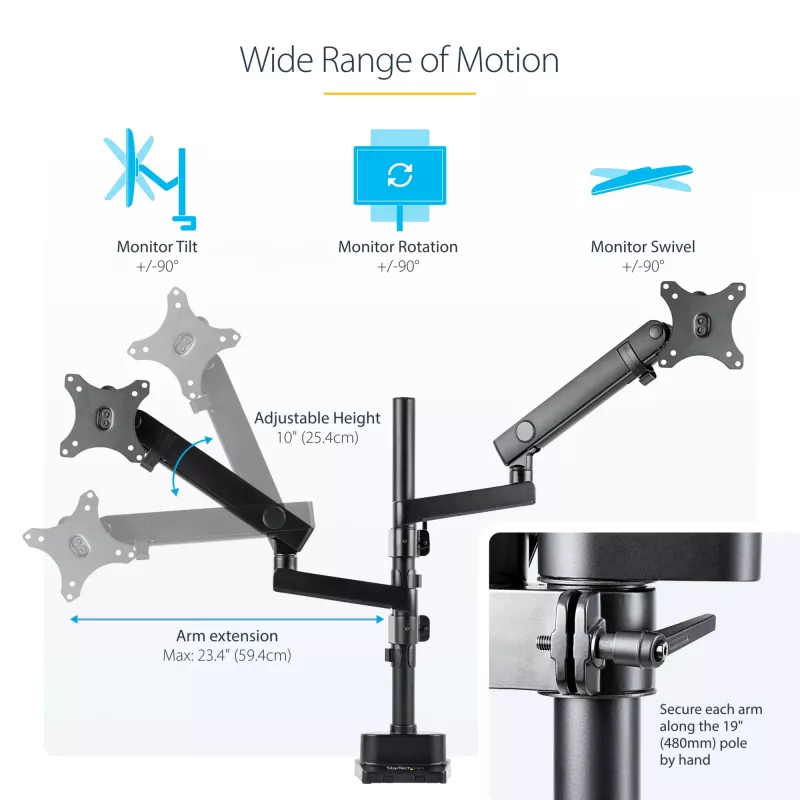 Braço StarTech.com para dois monitores com montagem na secretária, suporte de monitor totalmente articulado para 2 ecrãs VESA até 32 polegadas (8 kg), altura ajustável, braçadeira/passagem de secretária, mola mecânica
