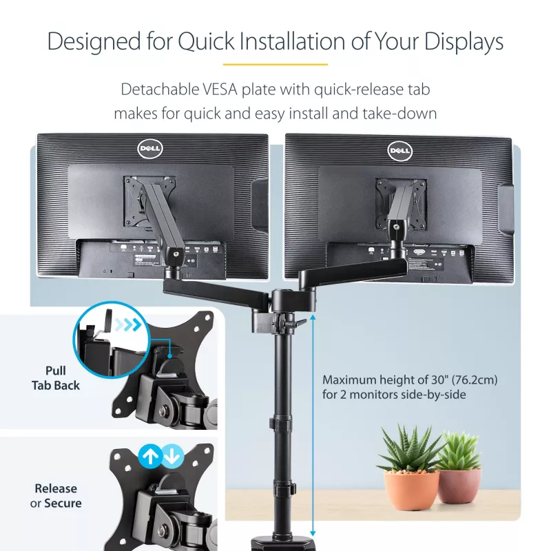Braço StarTech.com para dois monitores com montagem na secretária, suporte de monitor totalmente articulado para 2 ecrãs VESA até 32 polegadas (8 kg), altura ajustável, braçadeira/passagem de secretária, mola mecânica