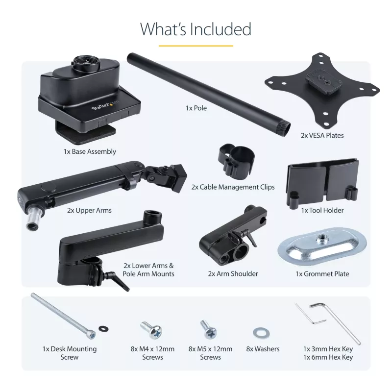 Braço StarTech.com para dois monitores com montagem na secretária, suporte de monitor totalmente articulado para 2 ecrãs VESA até 32 polegadas (8 kg), altura ajustável, braçadeira/passagem de secretária, mola mecânica