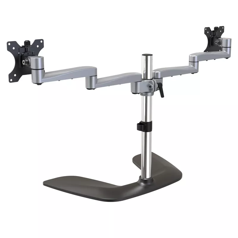 Base de secretária StarTech.com para dois monitores – suporte ergonómico de secretária para ecrãs VESA até 32 polegadas – suporte universal autónomo e articulado para monitor de computador – altura ajustável – prateado