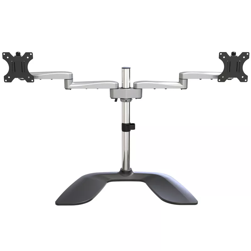 Base de secretária StarTech.com para dois monitores – suporte ergonómico de secretária para ecrãs VESA até 32 polegadas – suporte universal autónomo e articulado para monitor de computador – altura ajustável – prateado