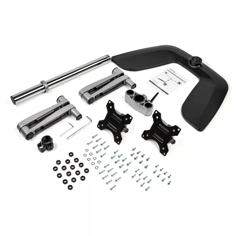 Base de secretária StarTech.com para dois monitores – suporte ergonómico de secretária para ecrãs VESA até 32 polegadas – suporte universal autónomo e articulado para monitor de computador – altura ajustável – prateado