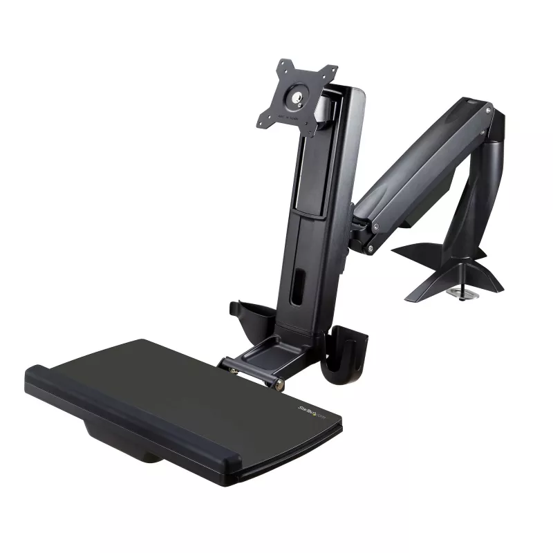 Braço StarTech.com para monitor sentado/em pé – braço de estação de trabalho ajustável para montagem na secretária para ecrã individual de 34 polegadas com montagem VESA – conversor ergonómico articulado de secretária elevável com prateleira para teclado