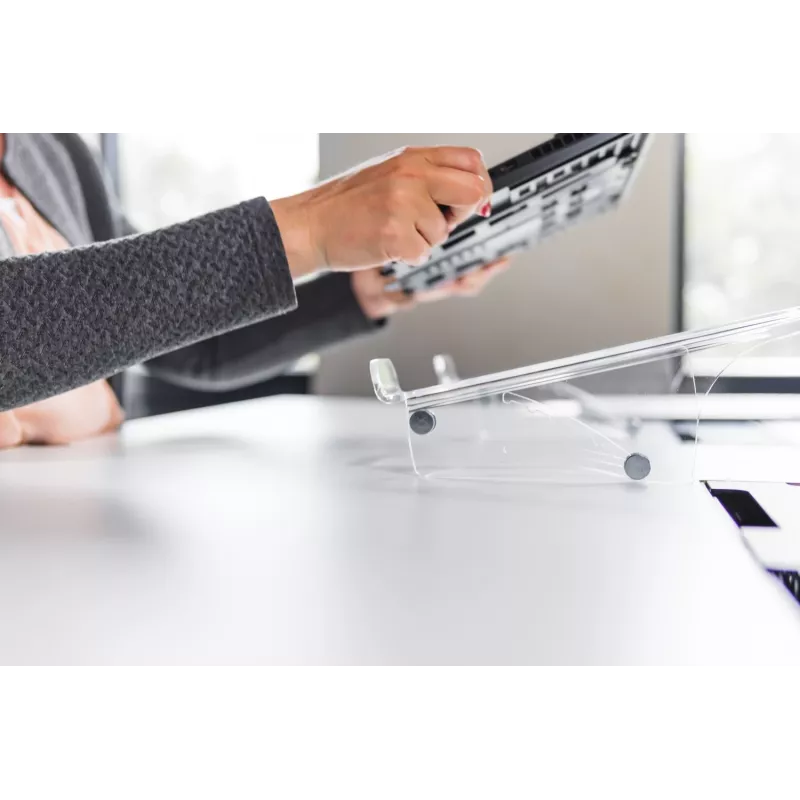 BakkerElkhuizen Q-note 350 suporte para notebook, suporte para portátil, transparente, plástico, aço, 25,4 cm (10 polegadas), 50,8 cm (20 polegadas), 110 - 230 mm