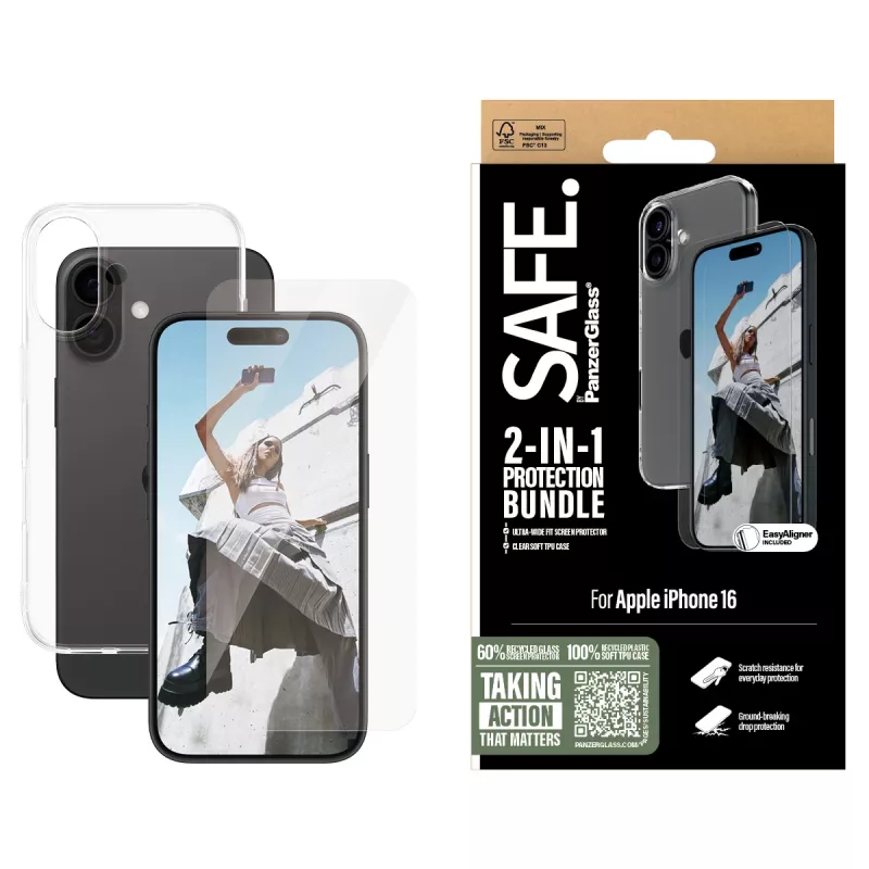 PanzerGlass SAFE. by ® Pacote de proteção 2-em-1 iPhone 16, Apple, Apple - iPhone 16, aplicação a seco, resistente a riscos, resistente a choques, transparente, 1 unid.