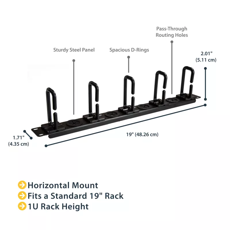 StarTech.com organizador de gestão de cabos 1U 19 polegadas – ganchos em D para bastidor de rede/servidor – painel horizontal de cabos para centros de dados com orifícios de passagem, incl. material de montagem – EIA/ECA-310-E