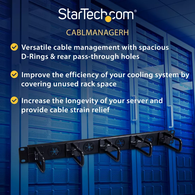 StarTech.com organizador de gestão de cabos 1U 19 polegadas – ganchos em D para bastidor de rede/servidor – painel horizontal de cabos para centros de dados com orifícios de passagem, incl. material de montagem – EIA/ECA-310-E