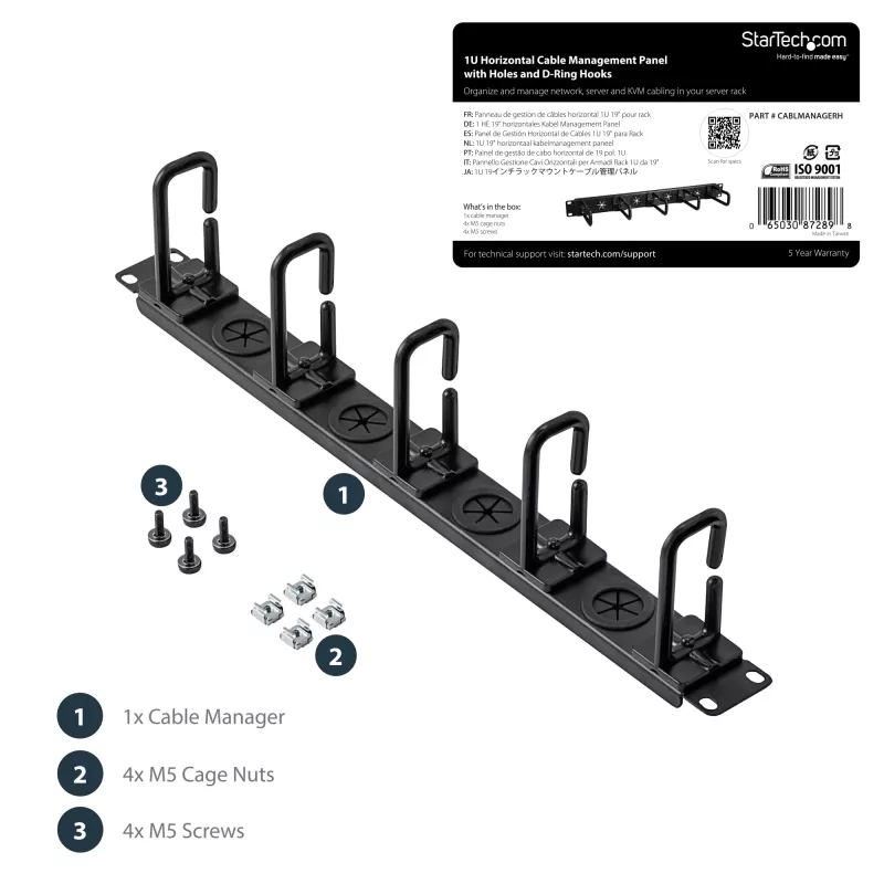 StarTech.com organizador de gestão de cabos 1U 19 polegadas – ganchos em D para bastidor de rede/servidor – painel horizontal de cabos para centros de dados com orifícios de passagem, incl. material de montagem – EIA/ECA-310-E