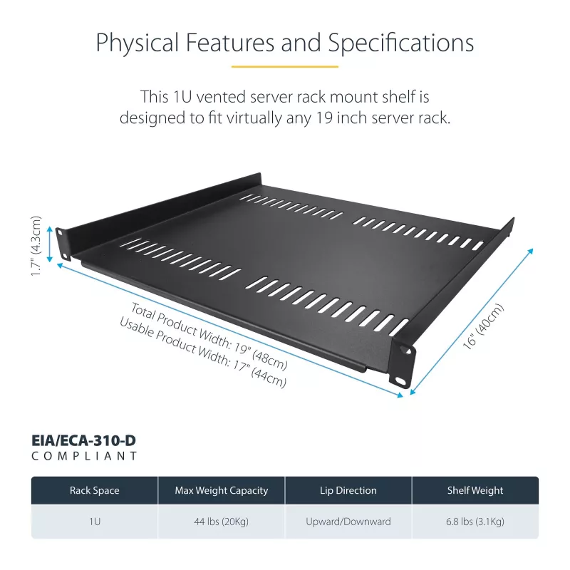 StarTech.com CABSHELF116V2PK pack de 2 prateleiras rack 1U ventiladas, 16 polegadas de profundidade