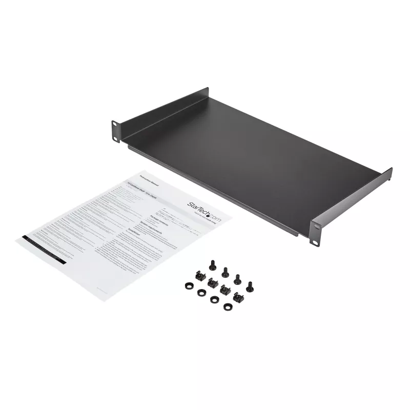 StarTech.com prateleira fixa de montagem em bastidor de servidor 1U - prateleira universal de braço em consola de aço com 25,4 cm de profundidade para bastidor de equipamento AV/rede de 19 polegadas - robusta - capacidade de carga 20 kg, preto