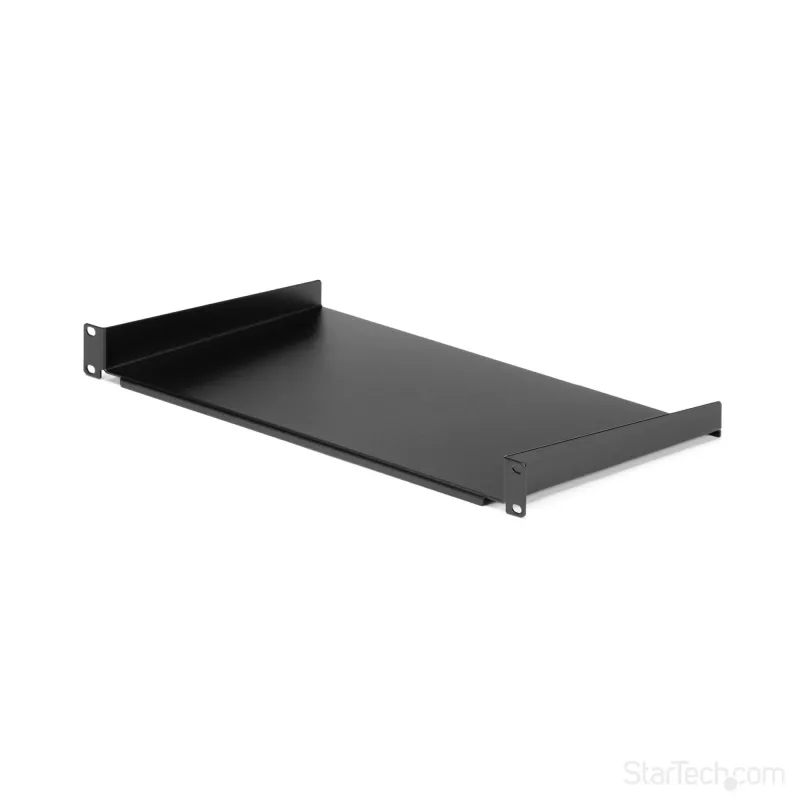 StarTech.com prateleira fixa de montagem em bastidor de servidor 1U - prateleira universal de braço em consola de aço com 25,4 cm de profundidade para bastidor de equipamento AV/rede de 19 polegadas - robusta - capacidade de carga 20 kg, preto